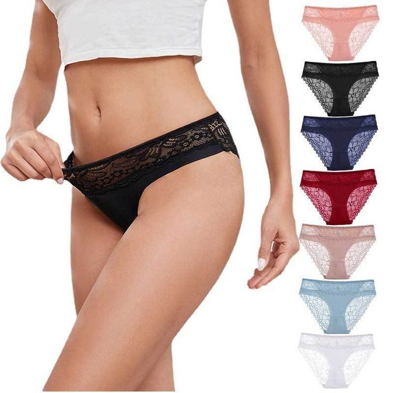 4 Pack Women Lace Panties Hollow Out Embroidery Underwear Solid Underpants Bow Panties Low Waist Lace Briefs