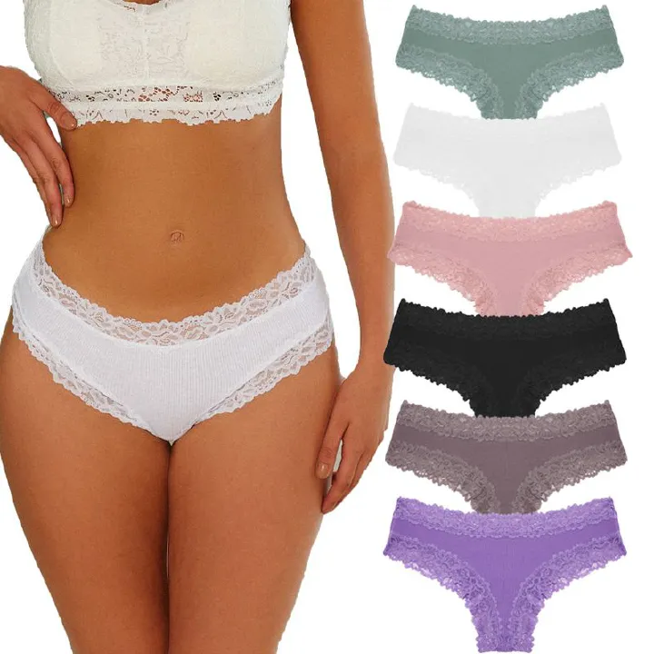 6 Pcs Womens Cotton Underwear Lace Hipster Panties Soft Breathable Cotton Brazilian Bikini Ladies