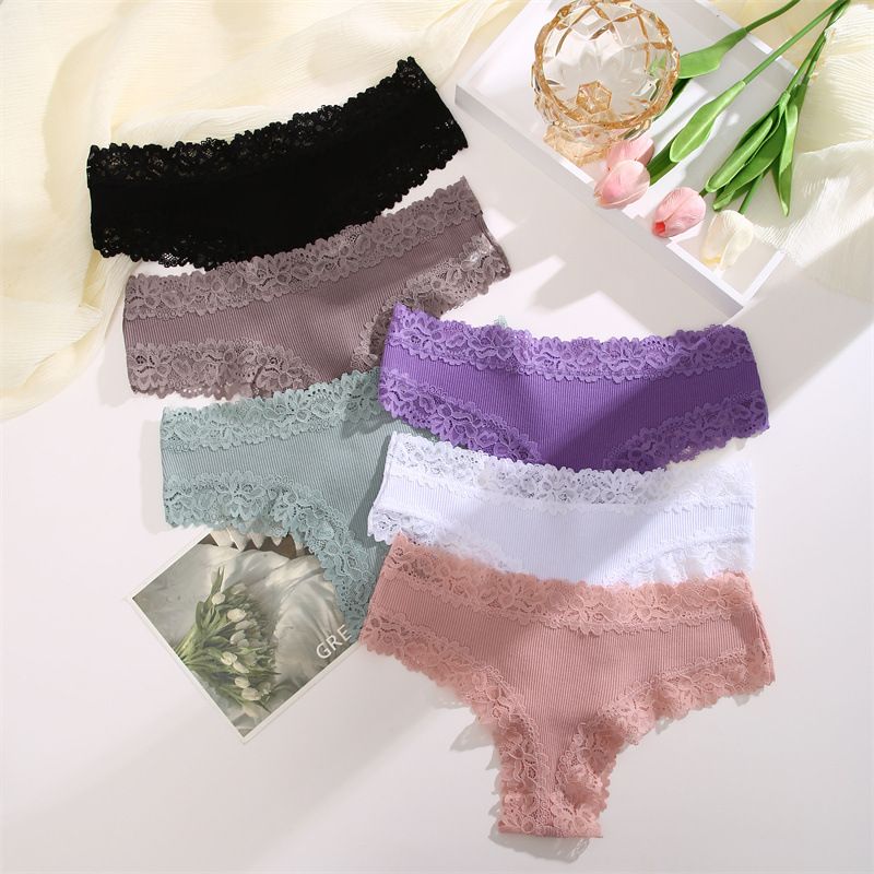 6 Pcs Womens Cotton Underwear Lace Hipster Panties Soft Breathable Cotton Brazilian Bikini Ladies