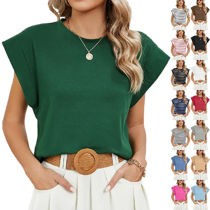 Womens Cap Sleeve Summer Tops Basic Tee Shirts with Front Pocket Casual Loose Fit 2024 Trendy