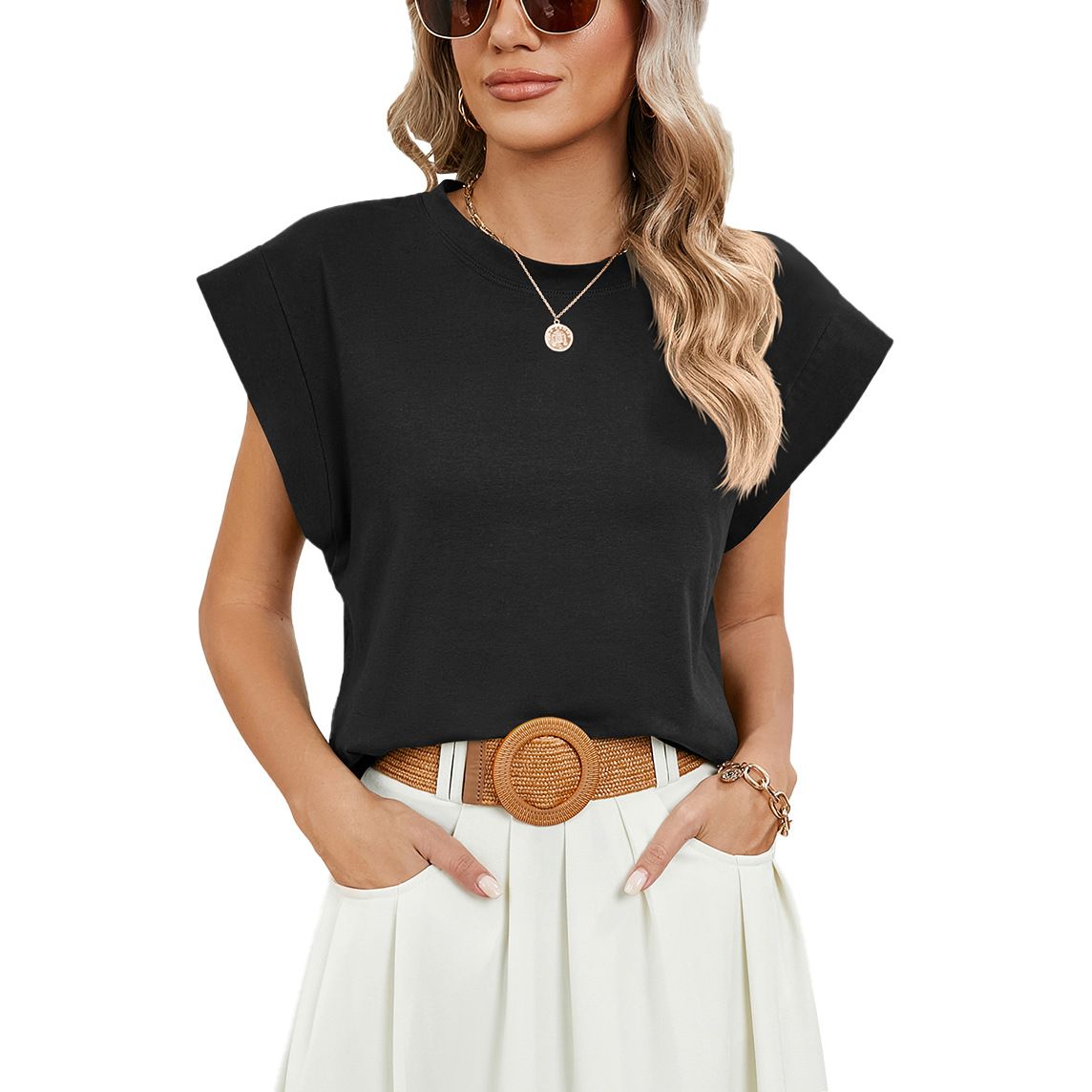 Womens Cap Sleeve Summer Tops Basic Tee Shirts with Front Pocket Casual Loose Fit 2024 Trendy