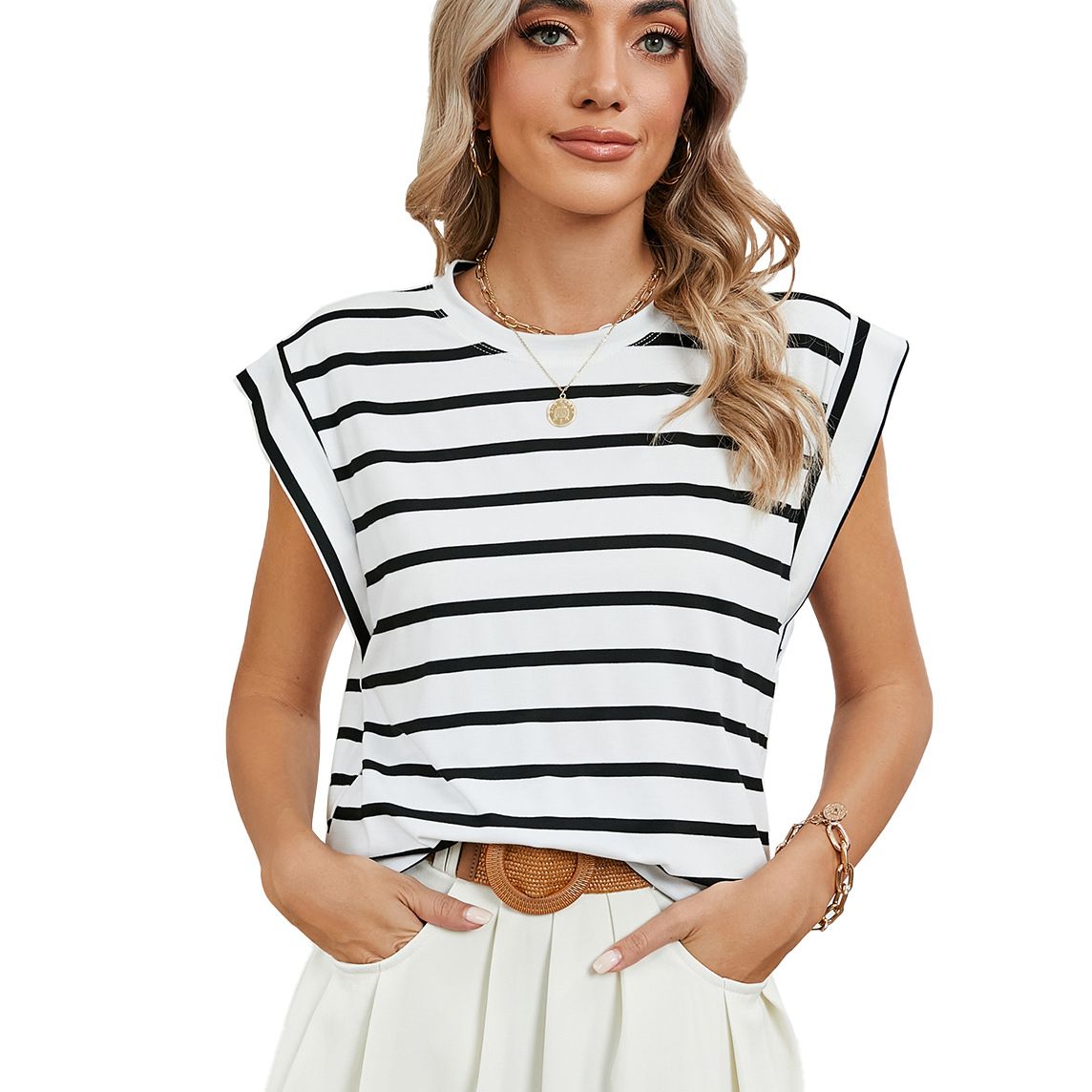 Womens Cap Sleeve Summer Tops Basic Tee Shirts with Front Pocket Casual Loose Fit 2024 Trendy