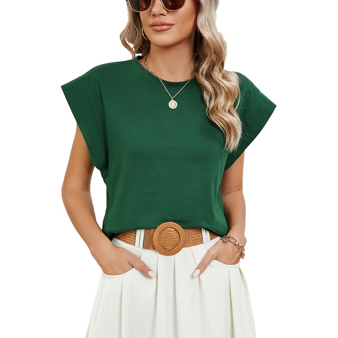 Womens Cap Sleeve Summer Tops Basic Tee Shirts with Front Pocket Casual Loose Fit 2024 Trendy