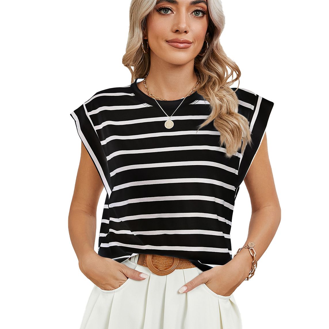 Womens Cap Sleeve Summer Tops Basic Tee Shirts with Front Pocket Casual Loose Fit 2024 Trendy