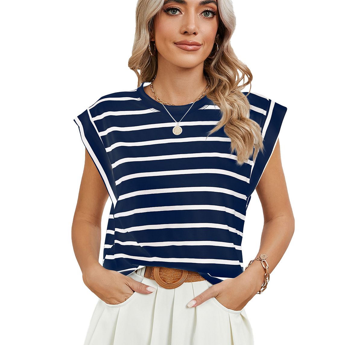 Womens Cap Sleeve Summer Tops Basic Tee Shirts with Front Pocket Casual Loose Fit 2024 Trendy