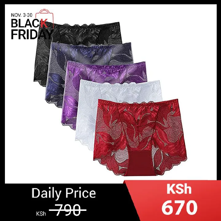 5 Pcs Women Underwear Lace Panties Mid Waisted Hollow Out Transparent Mesh Plus Size Ladies Seamless Butt Lift Brief