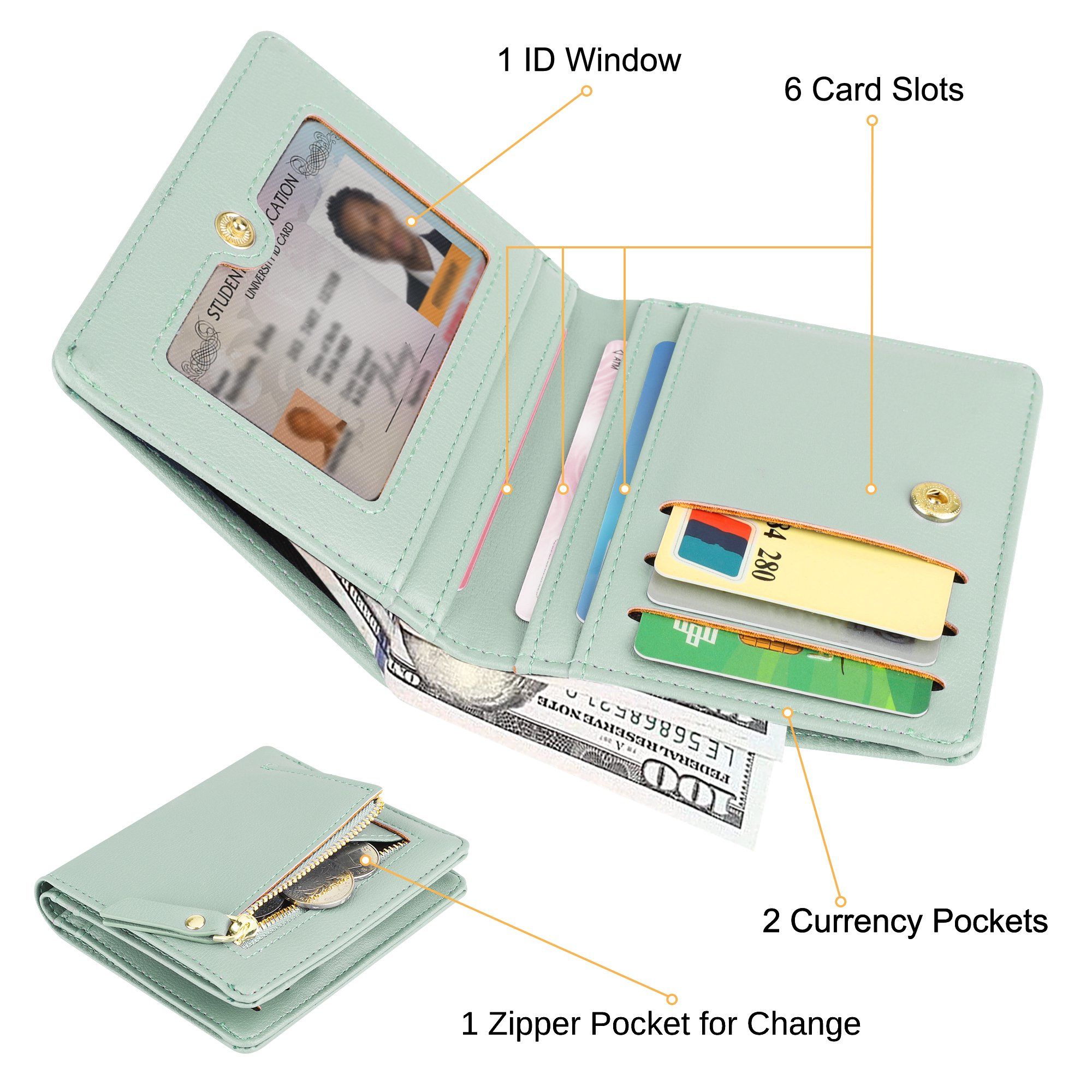 BYLD Womens Wallet, Short Bifold PU Leather Purse, Travel Zipper Pocket, Coin Purse Card Holders Clutch, Pouch Handbag for Female Ladies