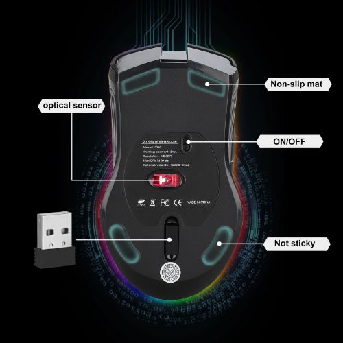 BYLD M06 Wireless Gaming Mouse, Rechargeable Computer Mouse Mice with Rainbow Backlit Lights, 3 DPI Levels, 6 Silent Buttons, USB 2.4GHz Optical Mice for PC Gamer Laptop Desktop Chromebook Mac