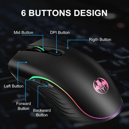 BYLD M06 Wireless Gaming Mouse, Rechargeable Computer Mouse Mice with Rainbow Backlit Lights, 3 DPI Levels, 6 Silent Buttons, USB 2.4GHz Optical Mice for PC Gamer Laptop Desktop Chromebook Mac