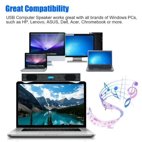 BYLD USB Computer Speakers for Desktop or PC, Mini Clip-on Laptop Sound Bar Stereo Wired PC Speakers for TV Desktop Laptop Tablets Monitor Notebook