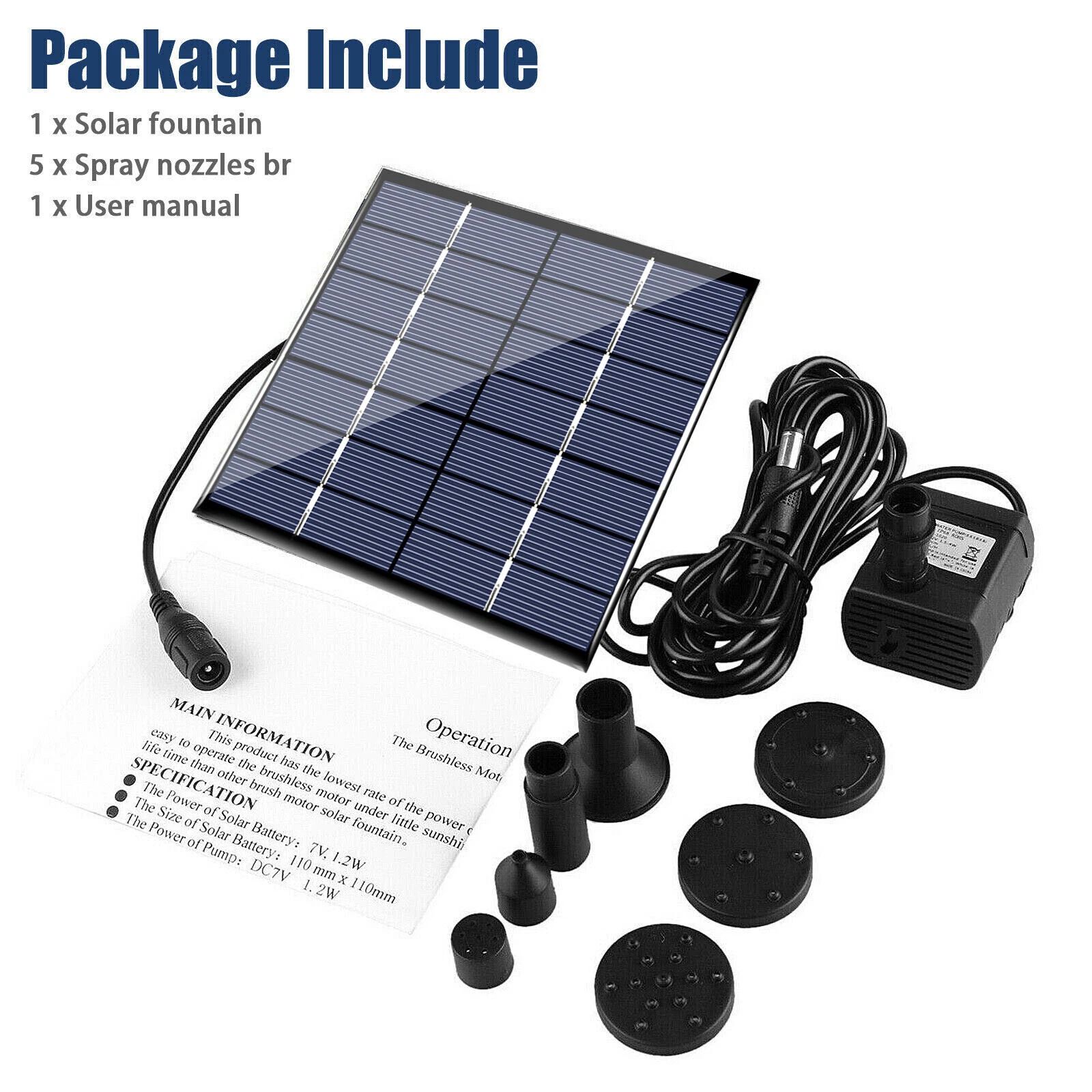BYLD Solar Fountain Water Pump, Solar Powered Bird Bath Fountain, Submersible Water Pump Kit Solar Panel Kits for Outdoor Pool, Small Pond, Garden Fish Tank, 150-200L/H, 1.2W