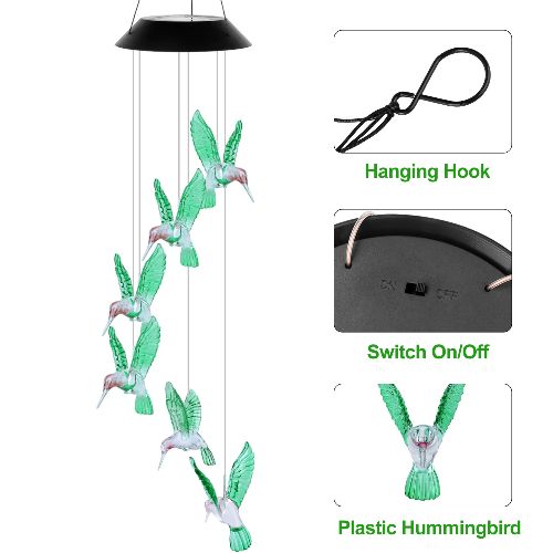 BYLD Solar Powered Wind Chimes Light, IP66 Waterproof Discolor Hummingbird Wind Belles Lights, Outdoor LED for Yard Garden Patio Deck Home Decoration