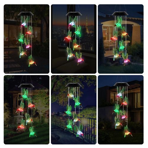 BYLD Solar Powered Wind Chimes Light, IP66 Waterproof Discolor Hummingbird Wind Belles Lights, Outdoor LED for Yard Garden Patio Deck Home Decoration