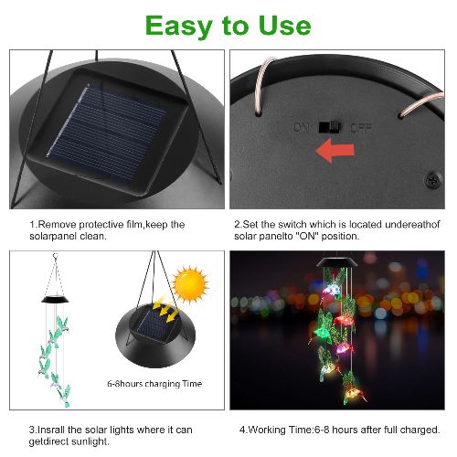 BYLD Solar Powered Wind Chimes Light, IP66 Waterproof Discolor Hummingbird Wind Belles Lights, Outdoor LED for Yard Garden Patio Deck Home Decoration