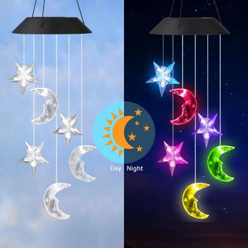 BYLD Solar Powered Wind Chimes Light, LED Color-Changing Star Moon, Waterproof Wind Belles Lights for Yard Garden Patio Deck Home Decoration