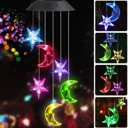 BYLD Solar Powered Wind Chimes Light, LED Color-Changing Star Moon, Waterproof Wind Belles Lights for Yard Garden Patio Deck Home Decoration
