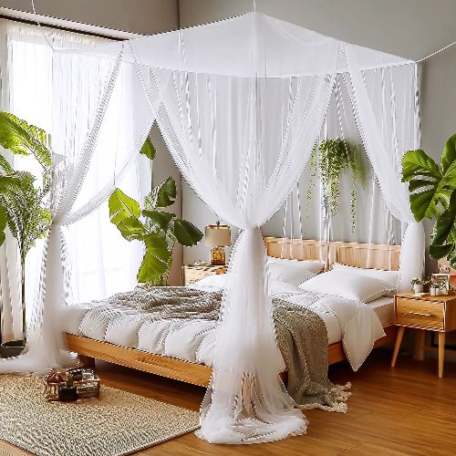 BYLD 4 Stands Mesh Mosquito Net, Mosquito Repellent Tent Bedding Accessories, Full Queen King Size Bed Canopy, Four Opening Bed Curtains for Full Bed Princess Bedroom, White