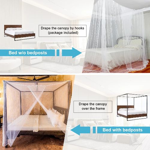 BYLD 4 Stands Mesh Mosquito Net, Mosquito Repellent Tent Bedding Accessories, Full Queen King Size Bed Canopy, Four Opening Bed Curtains for Full Bed Princess Bedroom, White