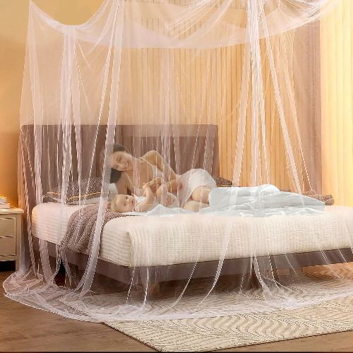 BYLD 4 Stands Mesh Mosquito Net, Mosquito Repellent Tent Bedding Accessories, Full Queen King Size Bed Canopy, Four Opening Bed Curtains for Full Bed Princess Bedroom, White