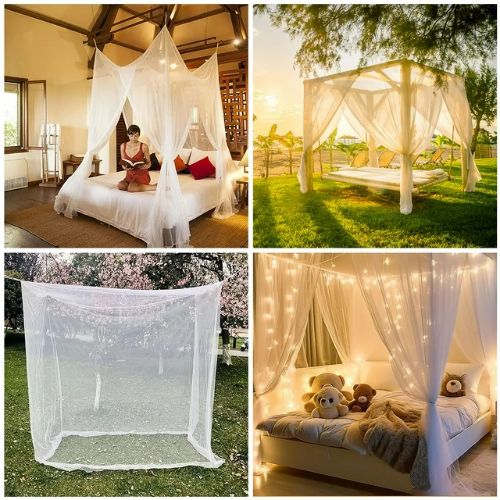 BYLD 4 Stands Mesh Mosquito Net, Mosquito Repellent Tent Bedding Accessories, Full Queen King Size Bed Canopy, Four Opening Bed Curtains for Full Bed Princess Bedroom, White