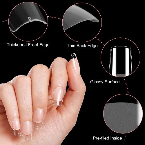 BYLD Short Square + Medium Almond False Nail Tips, 480PCS 12 Sizes Full Cover Clear Gelly Tips, Half Matte Acrylic Tips, Pre-Filed Fake Press on Nail Tips for Extension Home DIY Salon Manicure