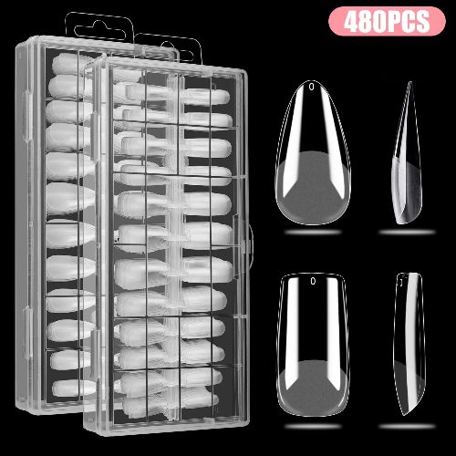 BYLD Short Square + Medium Almond False Nail Tips, 480PCS 12 Sizes Full Cover Clear Gelly Tips, Half Matte Acrylic Tips, Pre-Filed Fake Press on Nail Tips for Extension Home DIY Salon Manicure