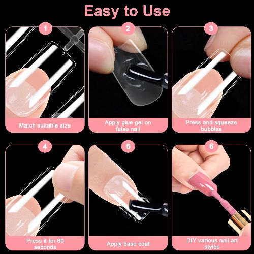 BYLD Short Square + Medium Almond False Nail Tips, 480PCS 12 Sizes Full Cover Clear Gelly Tips, Half Matte Acrylic Tips, Pre-Filed Fake Press on Nail Tips for Extension Home DIY Salon Manicure