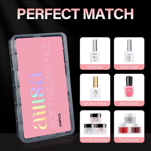 BYLD Short Square + Medium Almond False Nail Tips, 480PCS 12 Sizes Full Cover Clear Gelly Tips, Half Matte Acrylic Tips, Pre-Filed Fake Press on Nail Tips for Extension Home DIY Salon Manicure