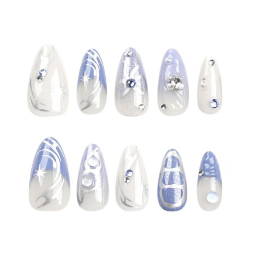 BYLD 24Pcs Reusable False Nail Stickers Set, Almond Medium Length Press on Nails, 3D French Bow Designs Full Cover Fake Nail Tips, Silver Star Sparkling Diamond Mermaid Beads False Nails for Women