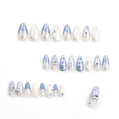 BYLD 24Pcs Reusable False Nail Stickers Set, Almond Medium Length Press on Nails, 3D French Bow Designs Full Cover Fake Nail Tips, Silver Star Sparkling Diamond Mermaid Beads False Nails for Women
