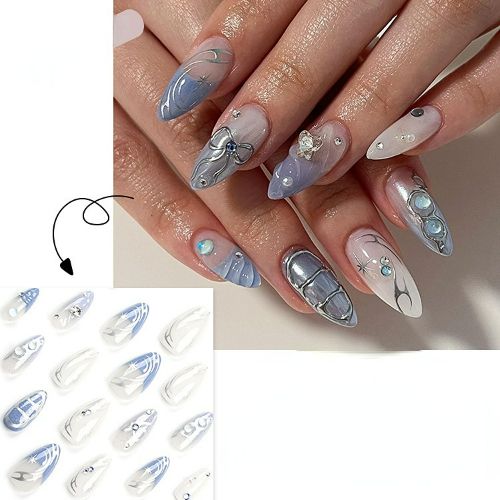 BYLD 24Pcs Reusable False Nail Stickers Set, Almond Medium Length Press on Nails, 3D French Bow Designs Full Cover Fake Nail Tips, Silver Star Sparkling Diamond Mermaid Beads False Nails for Women