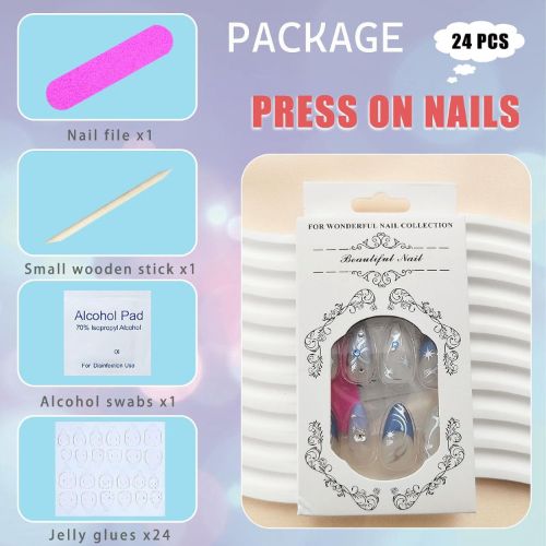 BYLD 24Pcs Reusable False Nail Stickers Set, Almond Medium Length Press on Nails, 3D French Bow Designs Full Cover Fake Nail Tips, Silver Star Sparkling Diamond Mermaid Beads False Nails for Women