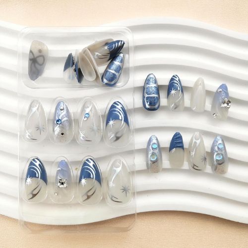 BYLD 24Pcs Reusable False Nail Stickers Set, Almond Medium Length Press on Nails, 3D French Bow Designs Full Cover Fake Nail Tips, Silver Star Sparkling Diamond Mermaid Beads False Nails for Women