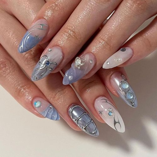BYLD 24Pcs Reusable False Nail Stickers Set, Almond Medium Length Press on Nails, 3D French Bow Designs Full Cover Fake Nail Tips, Silver Star Sparkling Diamond Mermaid Beads False Nails for Women