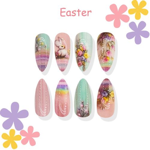 BYLD 24Pcs Easter Cartoon Reusable False Nail Stickers Set, Pink Green Vintage Flowers Medium Almond Fake Nails with Rainbow Rabbit, Full Cover False Nails Glossy Acrylic Nails Glue on Nails for Women