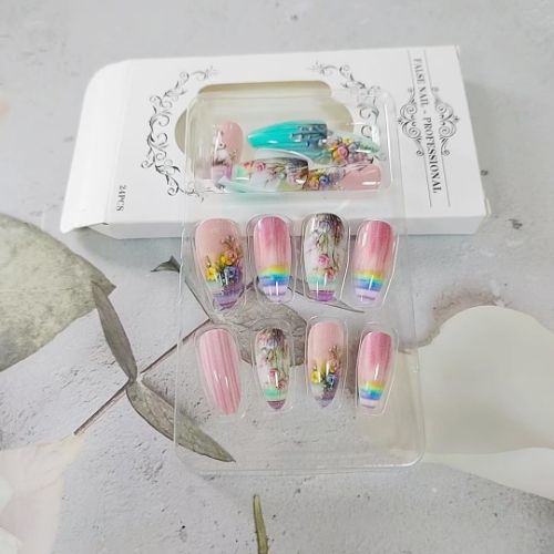 BYLD 24Pcs Easter Cartoon Reusable False Nail Stickers Set, Pink Green Vintage Flowers Medium Almond Fake Nails with Rainbow Rabbit, Full Cover False Nails Glossy Acrylic Nails Glue on Nails for Women