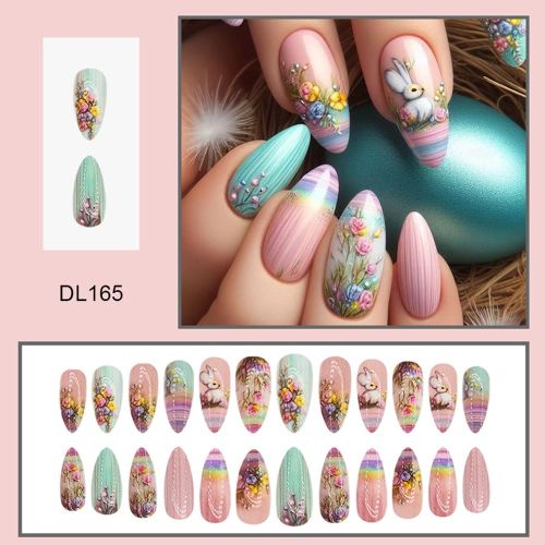 BYLD 24Pcs Easter Cartoon Reusable False Nail Stickers Set, Pink Green Vintage Flowers Medium Almond Fake Nails with Rainbow Rabbit, Full Cover False Nails Glossy Acrylic Nails Glue on Nails for Women