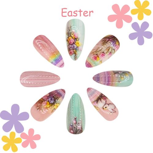 BYLD 24Pcs Easter Cartoon Reusable False Nail Stickers Set, Pink Green Vintage Flowers Medium Almond Fake Nails with Rainbow Rabbit, Full Cover False Nails Glossy Acrylic Nails Glue on Nails for Women