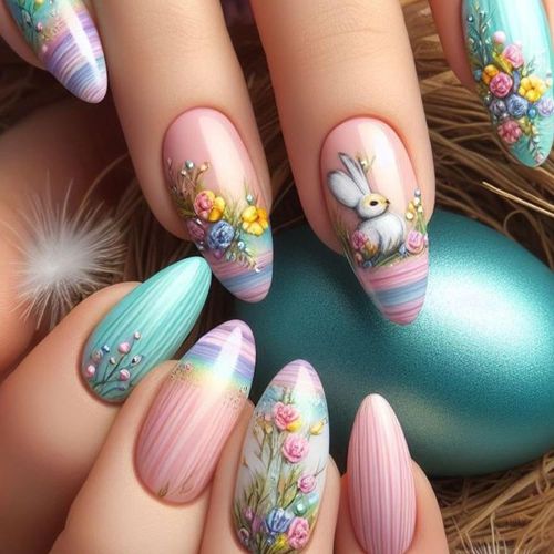 BYLD 24Pcs Easter Cartoon Reusable False Nail Stickers Set, Pink Green Vintage Flowers Medium Almond Fake Nails with Rainbow Rabbit, Full Cover False Nails Glossy Acrylic Nails Glue on Nails for Women