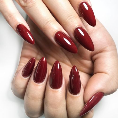 BYLD 24Pcs Reusable Acrylic False Nail Stickers Set, Cherry Red Press on Nails Medium Almond, Handmade Jelly Soft Gel Dark Red Glue on Nails Stiletto, Burgundy Emo Fake Nails Short Oval for Women