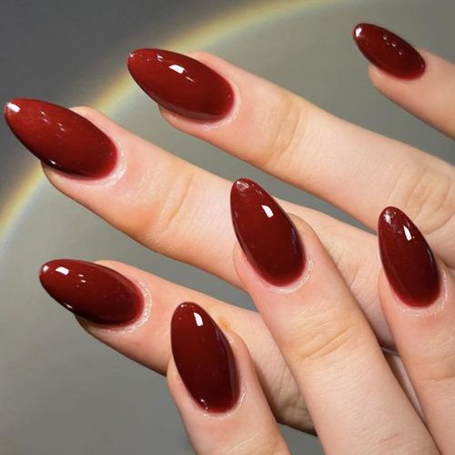 BYLD 24Pcs Reusable Acrylic False Nail Stickers Set, Cherry Red Press on Nails Medium Almond, Handmade Jelly Soft Gel Dark Red Glue on Nails Stiletto, Burgundy Emo Fake Nails Short Oval for Women