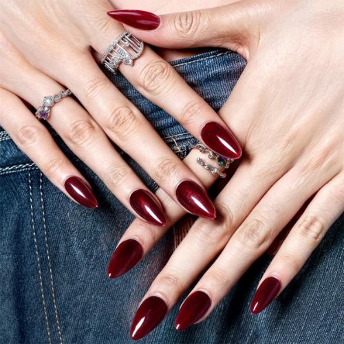 BYLD 24Pcs Reusable Acrylic False Nail Stickers Set, Cherry Red Press on Nails Medium Almond, Handmade Jelly Soft Gel Dark Red Glue on Nails Stiletto, Burgundy Emo Fake Nails Short Oval for Women