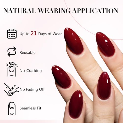 BYLD 24Pcs Reusable Acrylic False Nail Stickers Set, Cherry Red Press on Nails Medium Almond, Handmade Jelly Soft Gel Dark Red Glue on Nails Stiletto, Burgundy Emo Fake Nails Short Oval for Women
