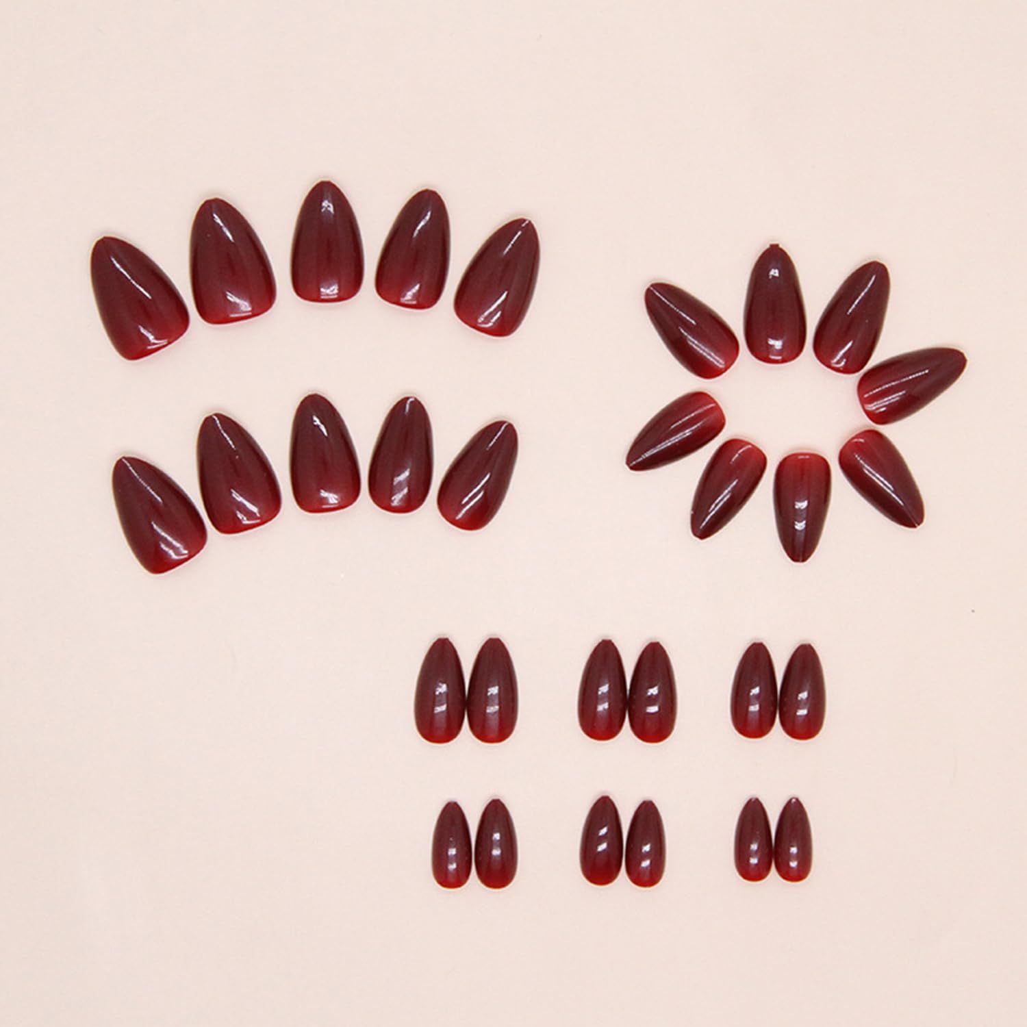 BYLD 24Pcs Reusable Acrylic False Nail Stickers Set, Cherry Red Press on Nails Medium Almond, Handmade Jelly Soft Gel Dark Red Glue on Nails Stiletto, Burgundy Emo Fake Nails Short Oval for Women