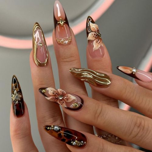 BYLD 24Pcs Reusable False Nail Stickers Set, Press on Nails Almond Medium, Fake Nails Brown Glue on Nails Flower Design, Acrylic Nails 3D Gold Texture Manicure Full Cover Stick for Women