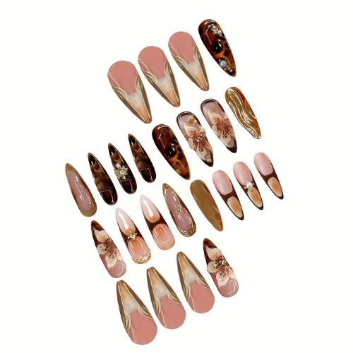 BYLD 24Pcs Reusable False Nail Stickers Set, Press on Nails Almond Medium, Fake Nails Brown Glue on Nails Flower Design, Acrylic Nails 3D Gold Texture Manicure Full Cover Stick for Women