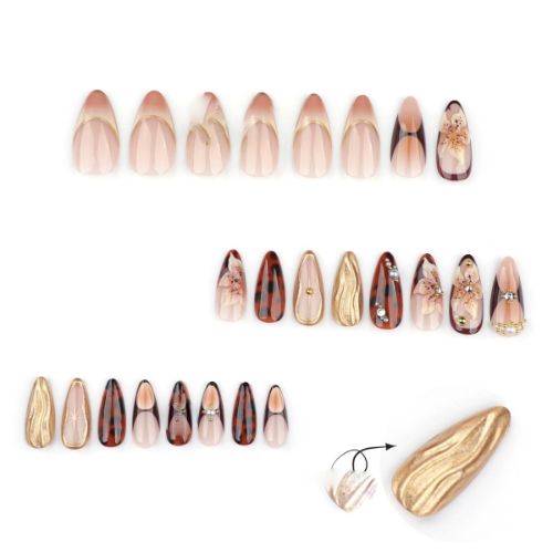BYLD 24Pcs Reusable False Nail Stickers Set, Press on Nails Almond Medium, Fake Nails Brown Glue on Nails Flower Design, Acrylic Nails 3D Gold Texture Manicure Full Cover Stick for Women