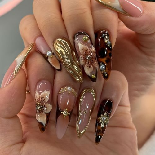 BYLD 24Pcs Reusable False Nail Stickers Set, Press on Nails Almond Medium, Fake Nails Brown Glue on Nails Flower Design, Acrylic Nails 3D Gold Texture Manicure Full Cover Stick for Women