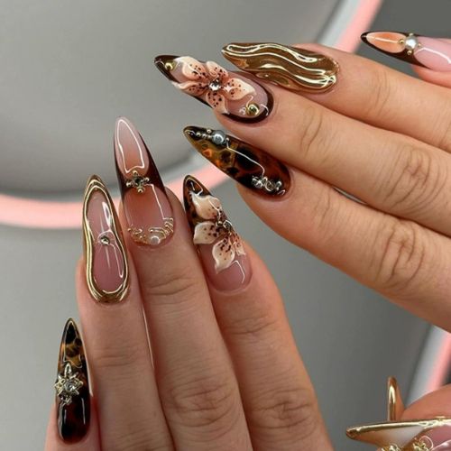 BYLD 24Pcs Reusable False Nail Stickers Set, Press on Nails Almond Medium, Fake Nails Brown Glue on Nails Flower Design, Acrylic Nails 3D Gold Texture Manicure Full Cover Stick for Women
