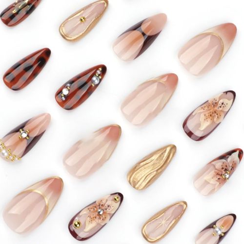 BYLD 24Pcs Reusable False Nail Stickers Set, Press on Nails Almond Medium, Fake Nails Brown Glue on Nails Flower Design, Acrylic Nails 3D Gold Texture Manicure Full Cover Stick for Women